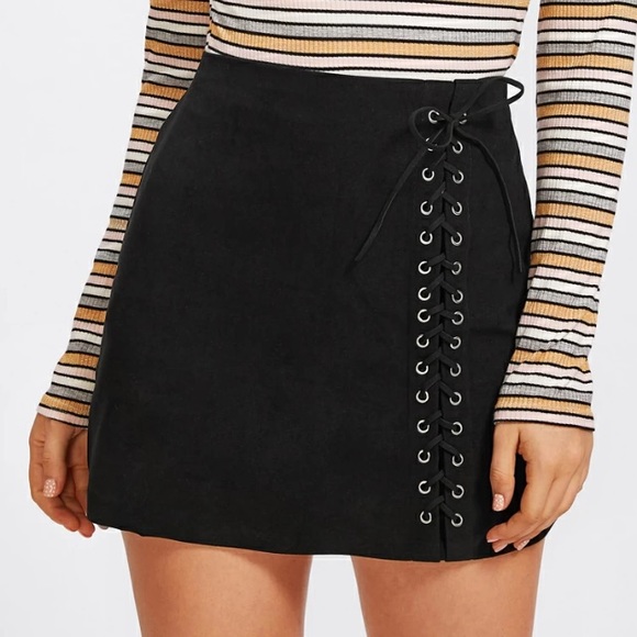 Black suede Lace up skirt - Picture 1 of 6